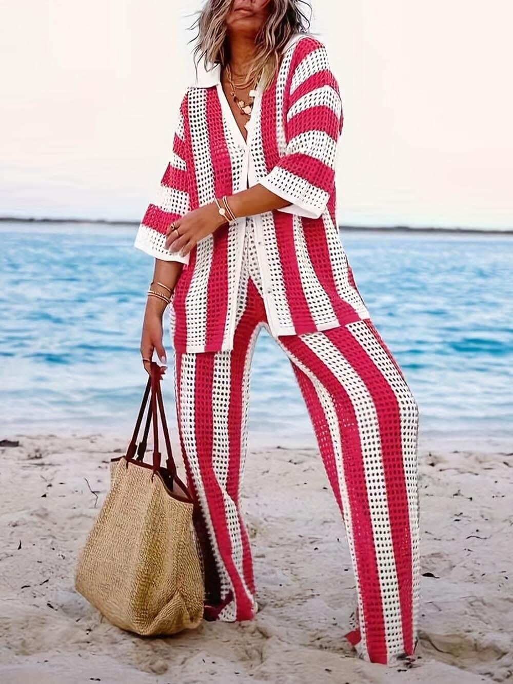 Set La Modă cu Cămașă Lejeră cu Decolteu V, Decupaje și Dungi și Pantaloni Largi