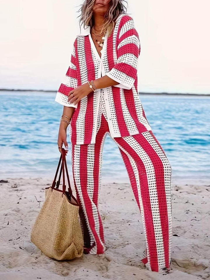 Set La Modă cu Cămașă Lejeră cu Decolteu V, Decupaje și Dungi și Pantaloni Largi