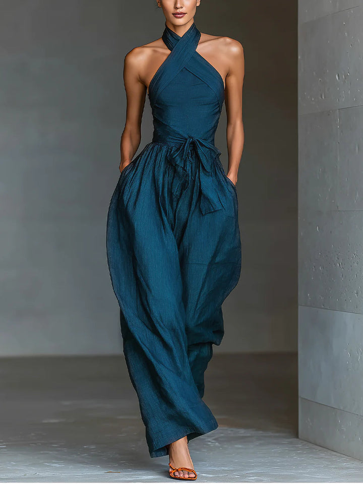 Salopetă Bleumarin cu Halter Încrucișat, Pantaloni Largi și Buzunare Laterale