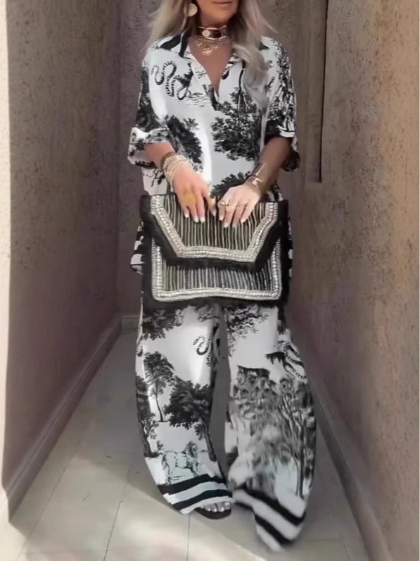 Set Casual cu Top cu Decolteu V cu Mâneci Scurte Imprimate și Pantaloni Largi