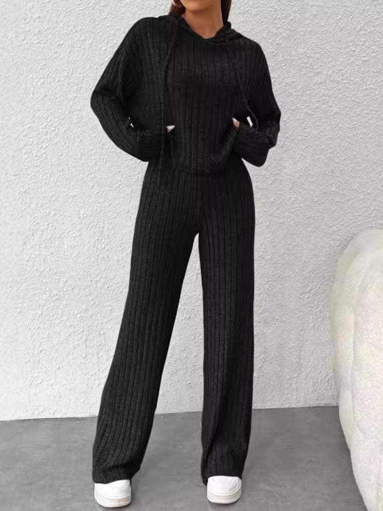 Set Tricotat Lejer cu Glugă, Dungi și Mâneci Lungi