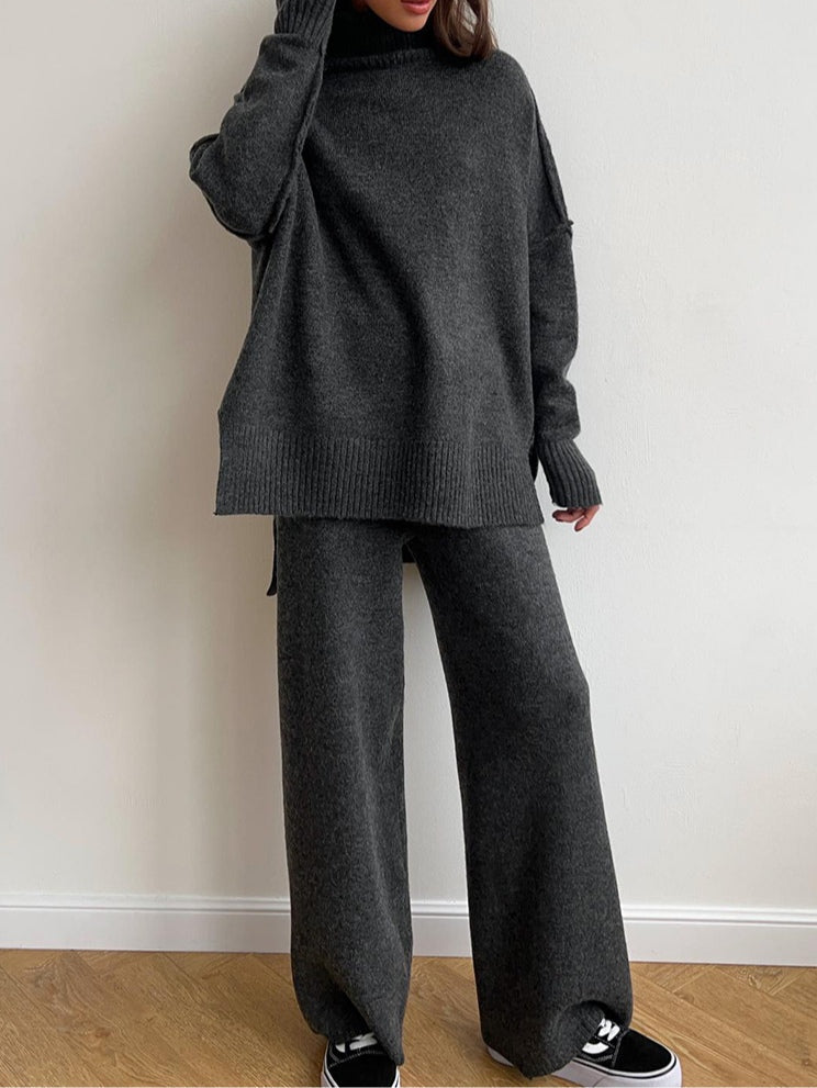 Set Casual cu Pulover Gros Tricotat cu Guler Înalt