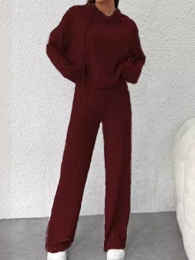 Set Tricotat Lejer cu Glugă, Dungi și Mâneci Lungi