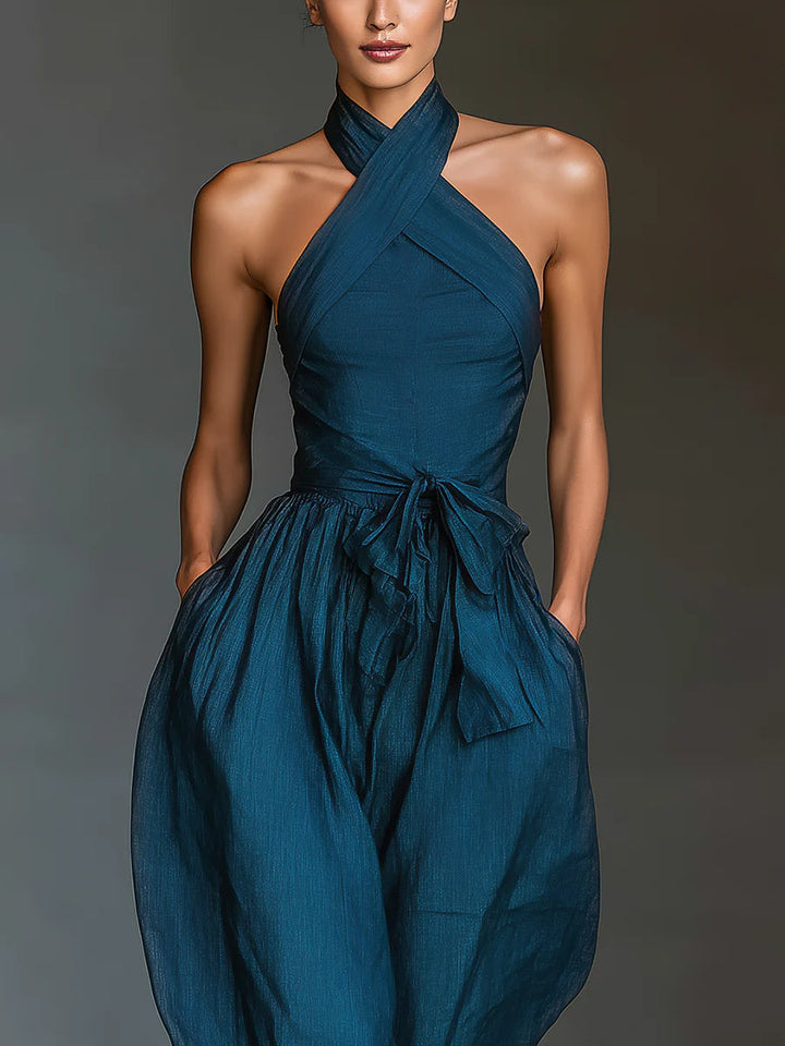 Salopetă Bleumarin cu Halter Încrucișat, Pantaloni Largi și Buzunare Laterale