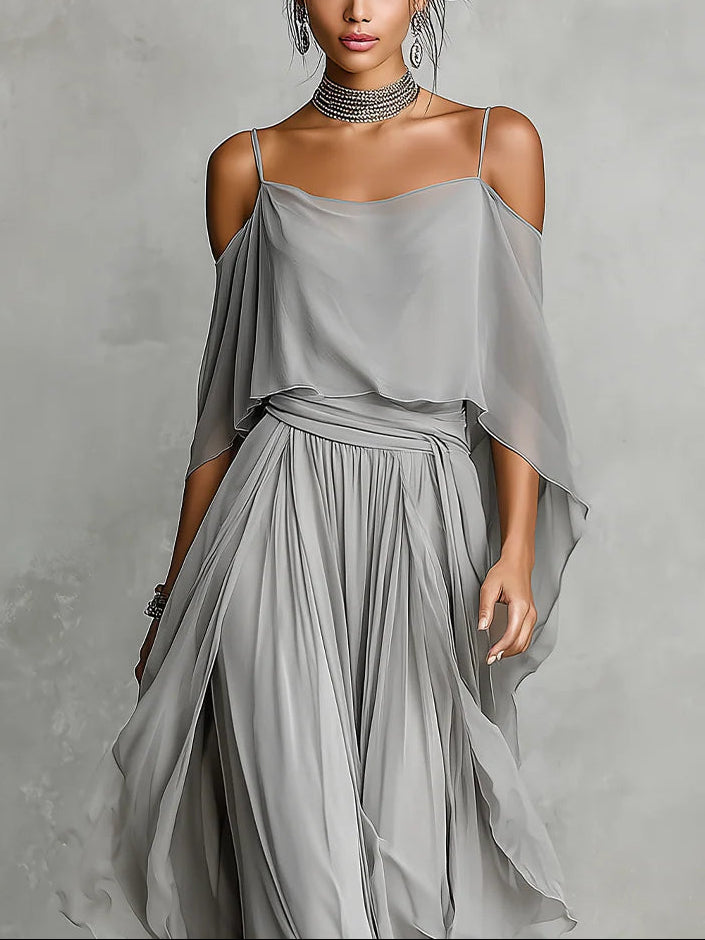 Set din Șifon Gri cu Maiou pe Umeri și Pantaloni Eleganți