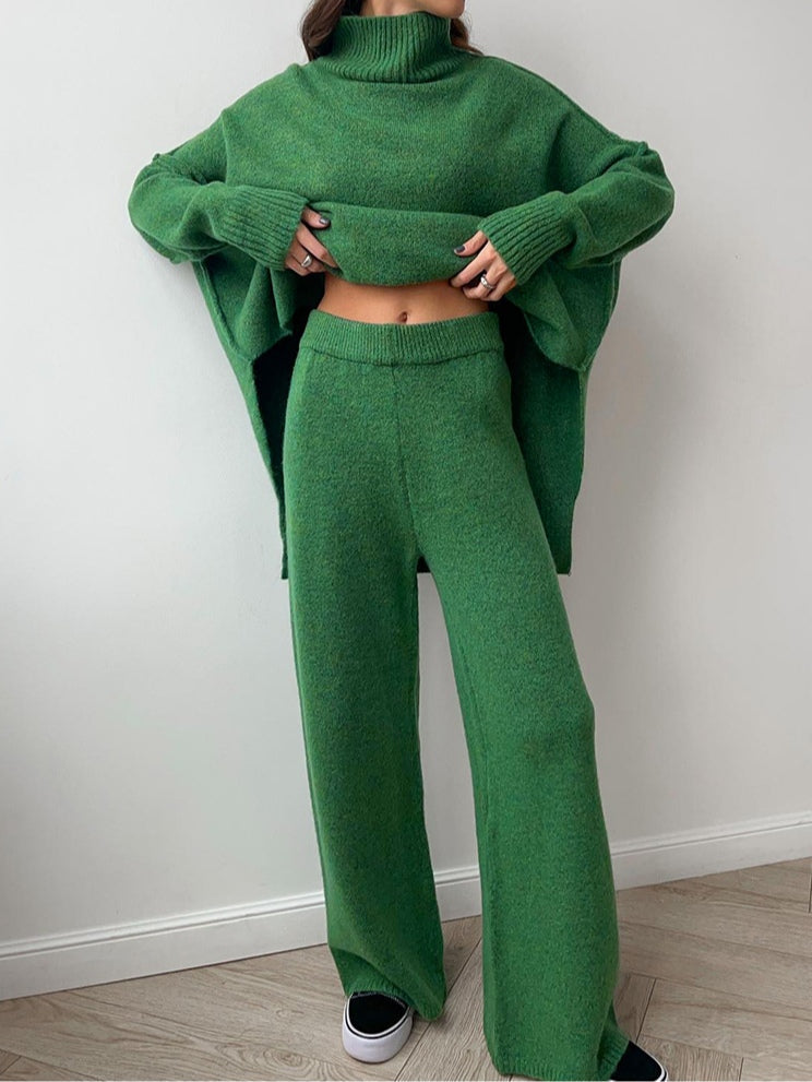 Set Casual cu Pulover Gros Tricotat cu Guler Înalt