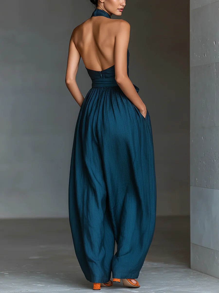 Salopetă Bleumarin cu Halter Încrucișat, Pantaloni Largi și Buzunare Laterale