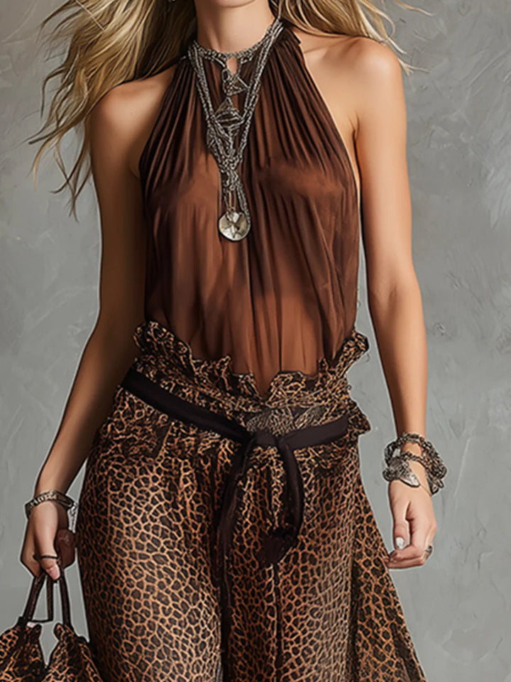 Set Maro cu Top Halter și Pantaloni Largi cu Imprimeu Leopard
