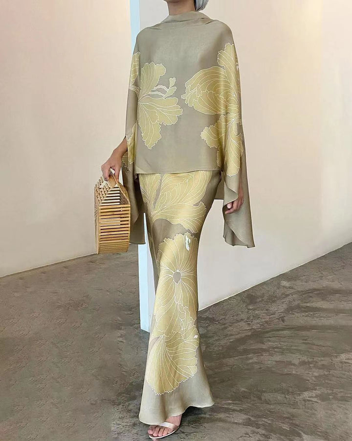 Set Elegant Slim cu Guler Înalt și Imprimeu Floral