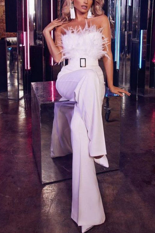 Salopetă Seducătoare Slim fără Mâneci cu Umeri Goi și Pene