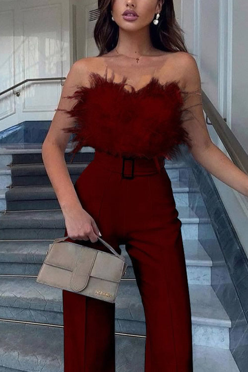 Salopetă Seducătoare Slim fără Mâneci cu Umeri Goi și Pene