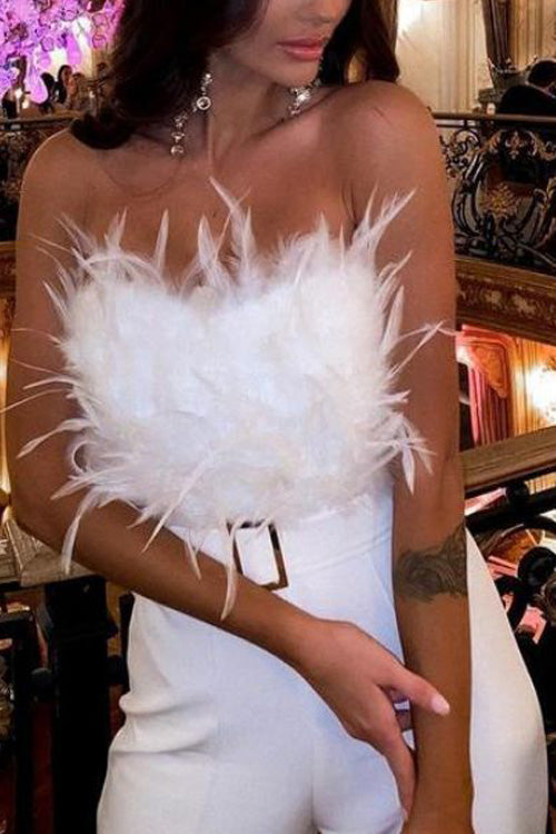 Salopetă Seducătoare Slim fără Mâneci cu Umeri Goi și Pene