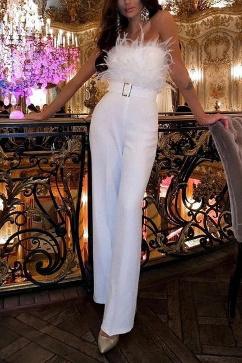 Salopetă Seducătoare Slim fără Mâneci cu Umeri Goi și Pene