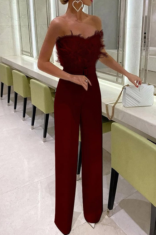 Salopetă Seducătoare Slim fără Mâneci cu Umeri Goi și Pene