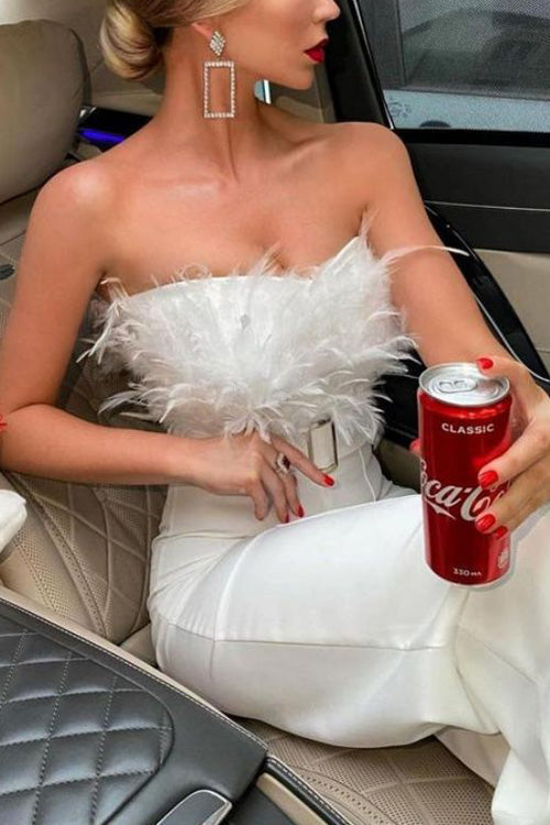 Salopetă Seducătoare Slim fără Mâneci cu Umeri Goi și Pene