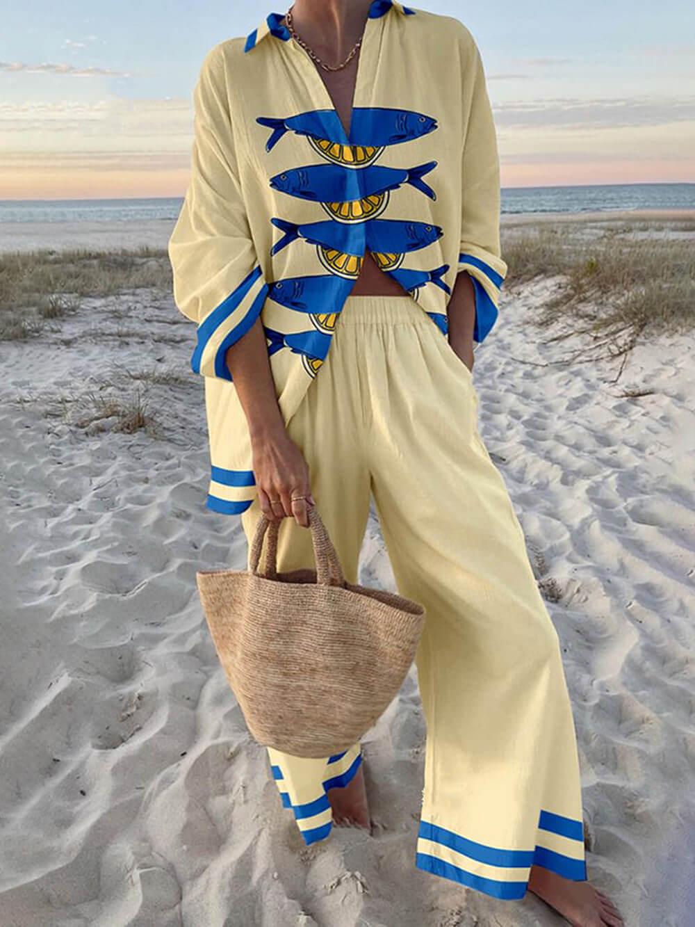 Set cu Cămașă Oversized cu Imprimeu Oceanic și Pantaloni cu Talie Elastică și Buzunare