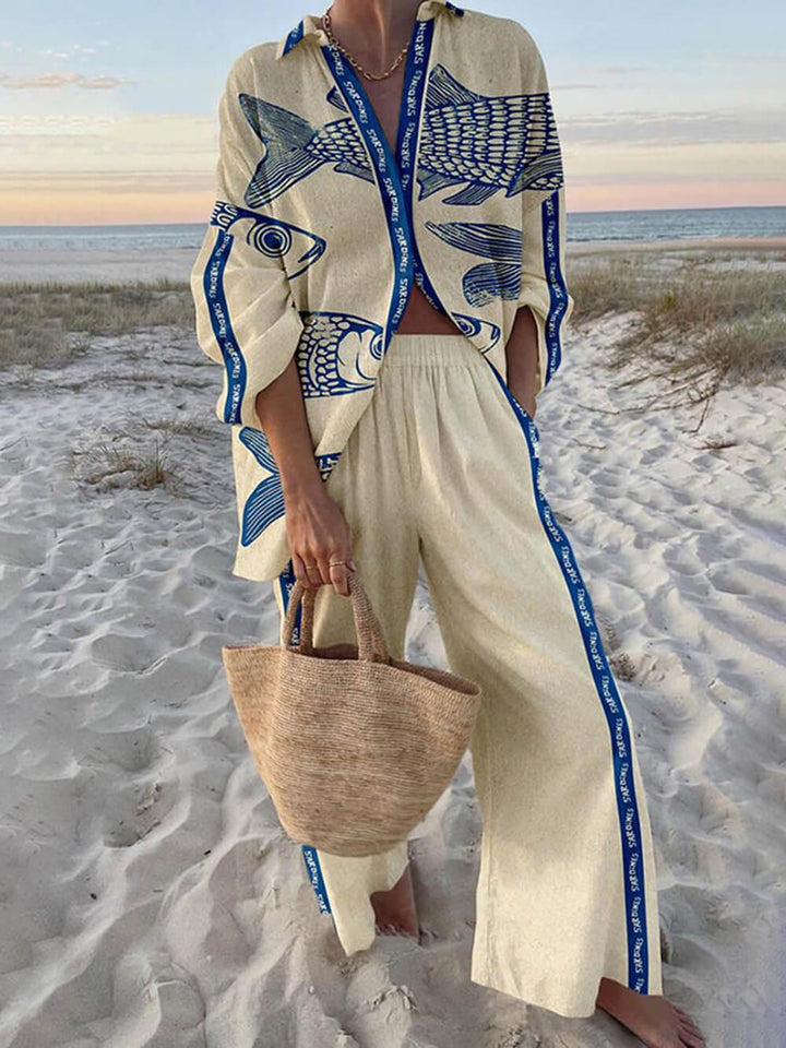 Set cu Cămașă Oversized cu Imprimeu Oceanic și Pantaloni cu Talie Elastică și Buzunare