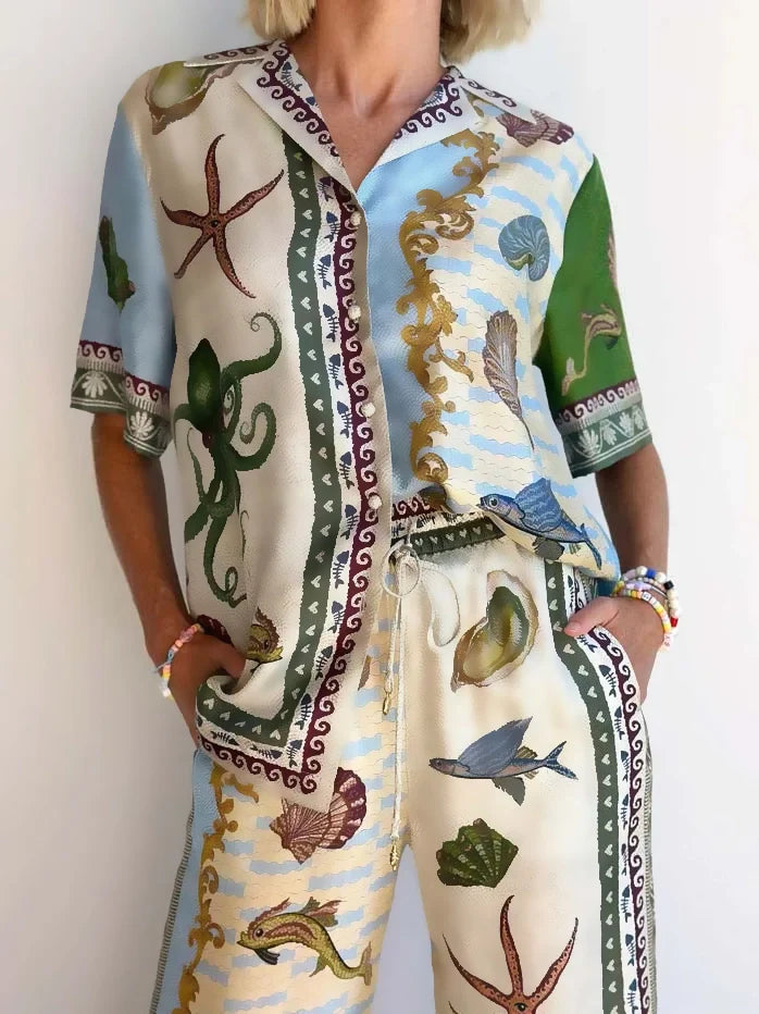 Set cu Cămașă Lejeră și Pantaloni cu Imprimeu Floral Adâncuri Marine