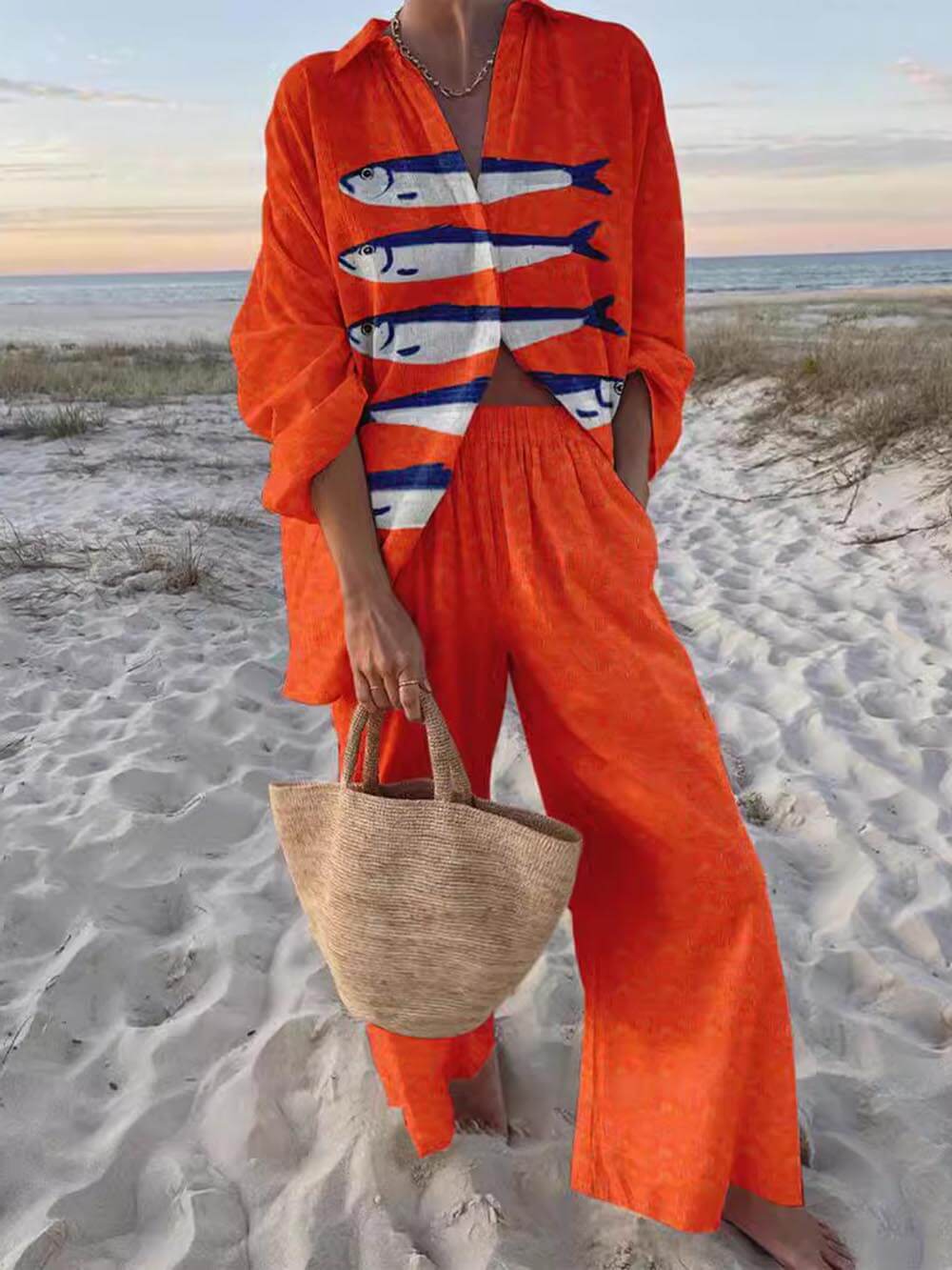 Set cu Cămașă Oversized Lejeră și Pantaloni Largi cu Imprimeu Casual Unic