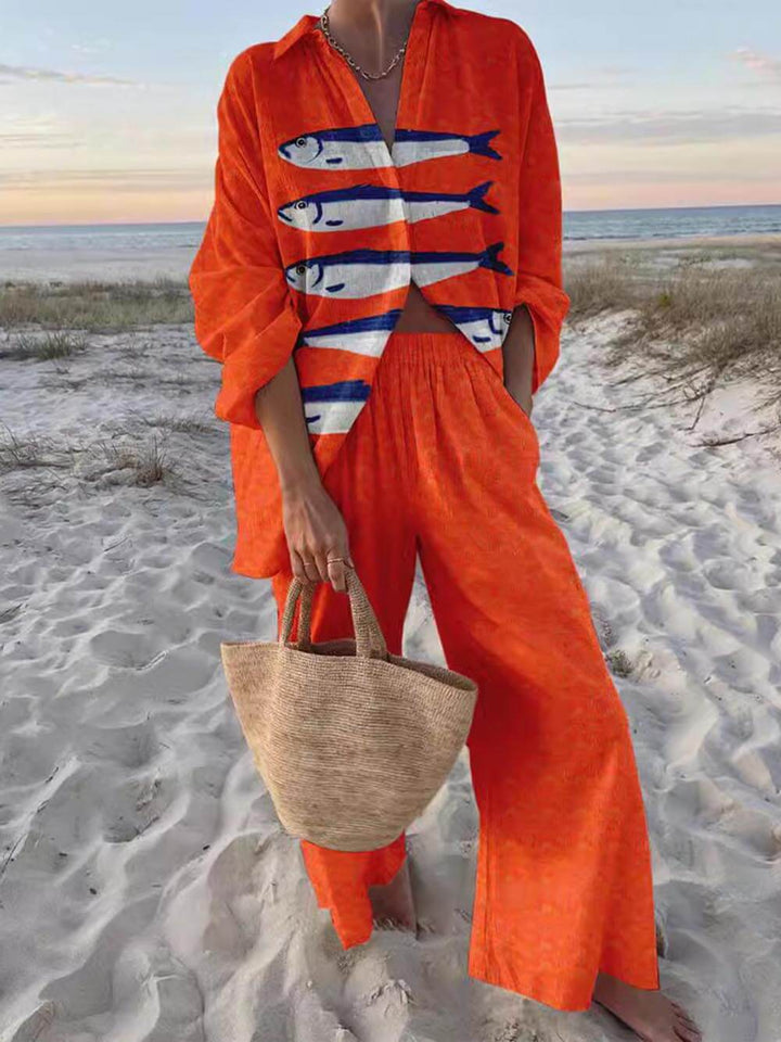 Set cu Cămașă Oversized Lejeră și Pantaloni Largi cu Imprimeu Casual Unic