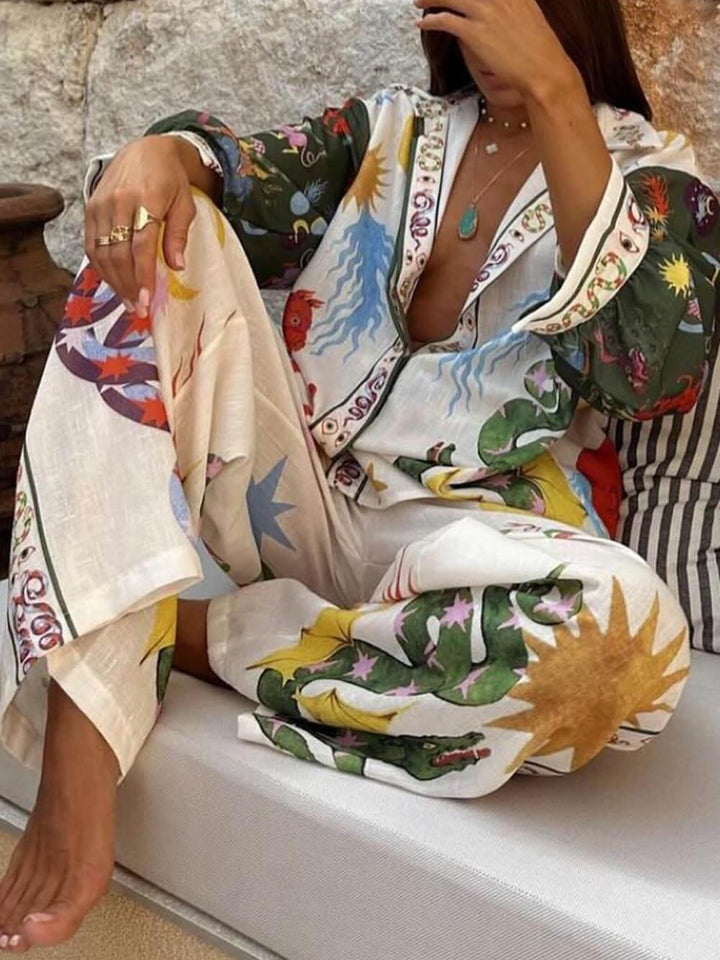 Set cu Cămașă cu Mâneci Lungi și Imprimeu Unic și Pantaloni cu Talie Elastică
