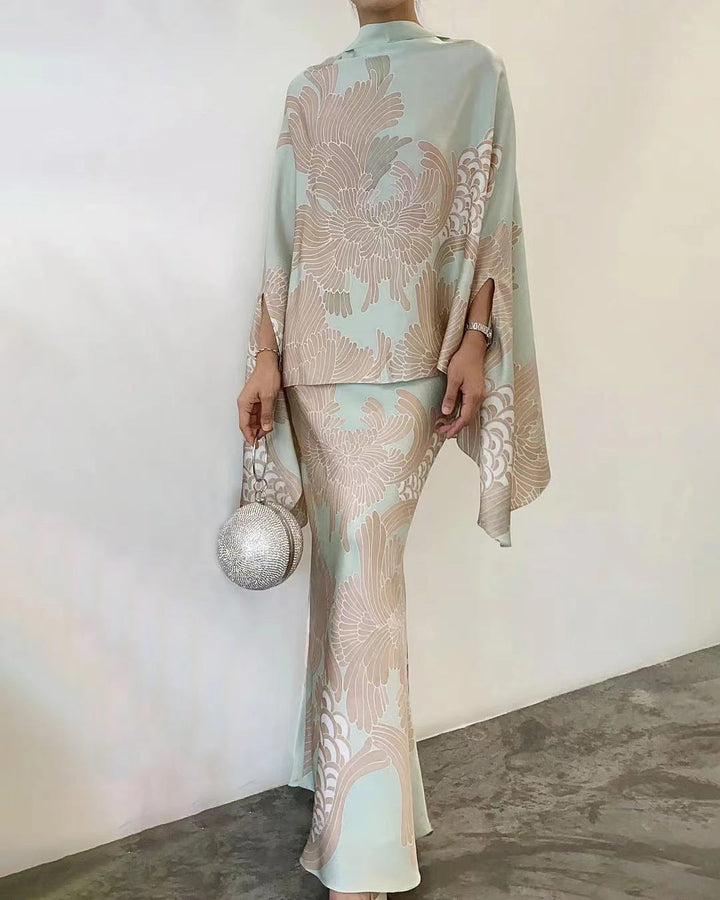 Set Elegant Slim cu Guler Înalt și Imprimeu Floral