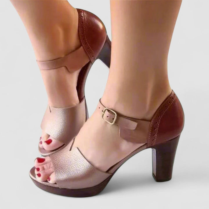 Katharina | Sandale Premium cu Toc în Stil Coreean cu Blocuri de Culoare și Cataramă