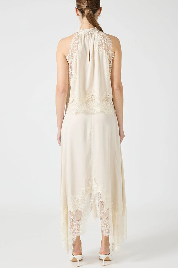 Set cu Top cu Guler Plisai din Dantelă și Fustă cu Crestătură Neregulată