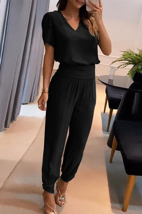 Set Casual în Două Piese cu Top cu Decolteu V, Mâneci Scurte Imprimate și Pantaloni Lungi