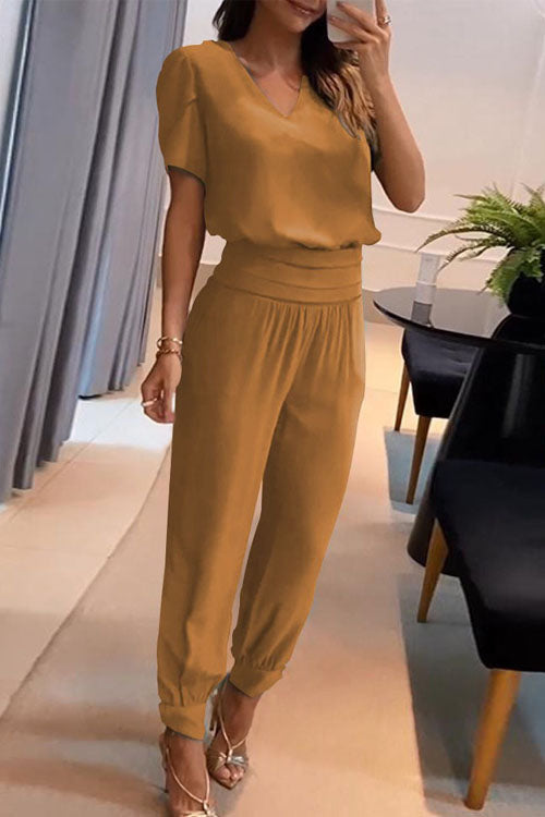 Set Casual în Două Piese cu Top cu Decolteu V, Mâneci Scurte Imprimate și Pantaloni Lungi