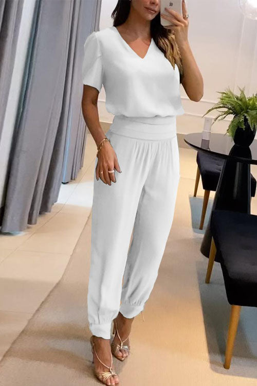 Set Casual în Două Piese cu Top cu Decolteu V, Mâneci Scurte Imprimate și Pantaloni Lungi