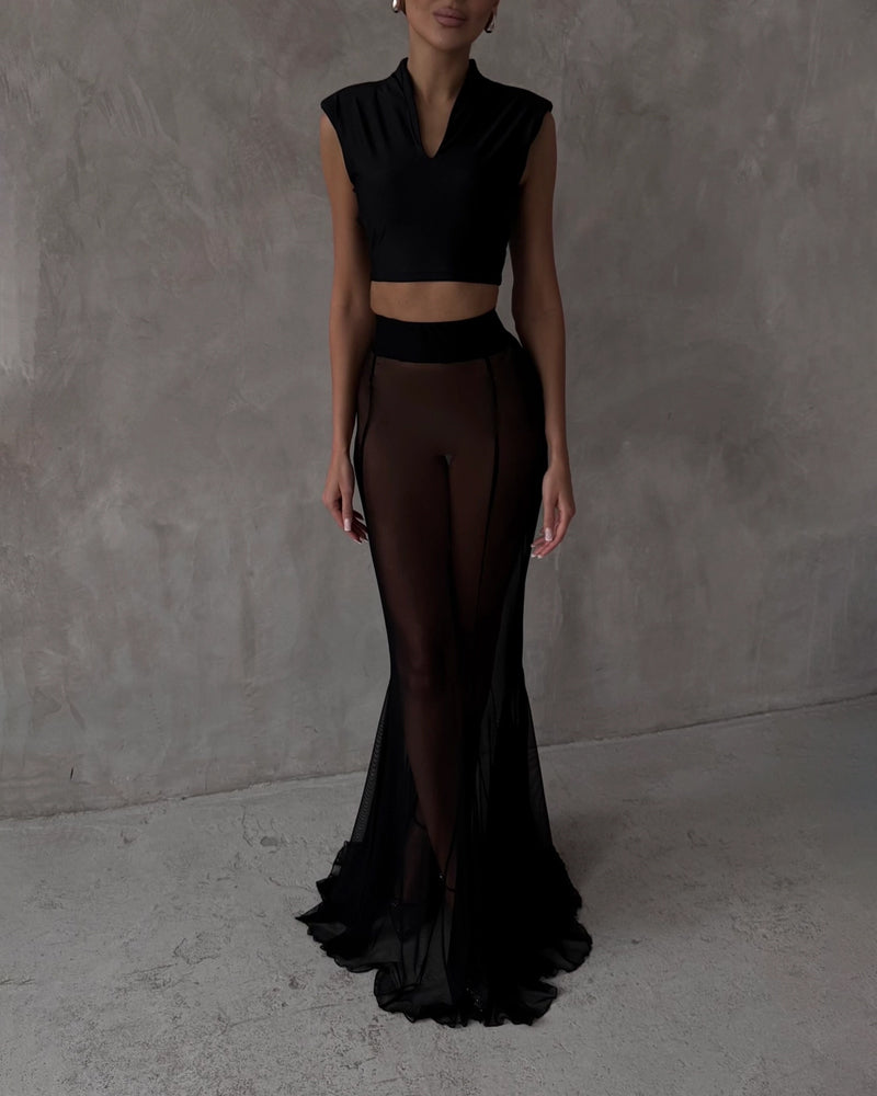 Set la Modă în Două Piese cu Jachetă și Fustă Semi-Transparentă