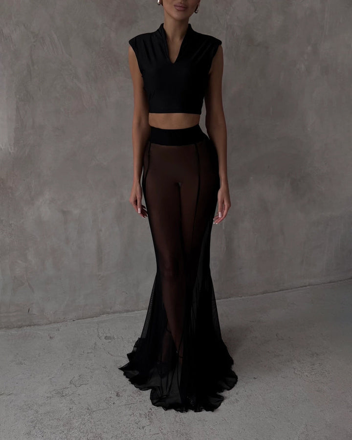 Set la Modă în Două Piese cu Jachetă și Fustă Semi-Transparentă