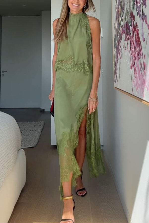 Set cu Top cu Guler Plisai din Dantelă și Fustă cu Crestătură Neregulată