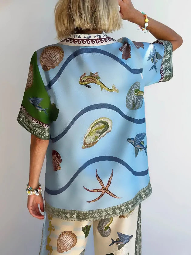 Set cu Cămașă Lejeră și Pantaloni cu Imprimeu Floral Adâncuri Marine