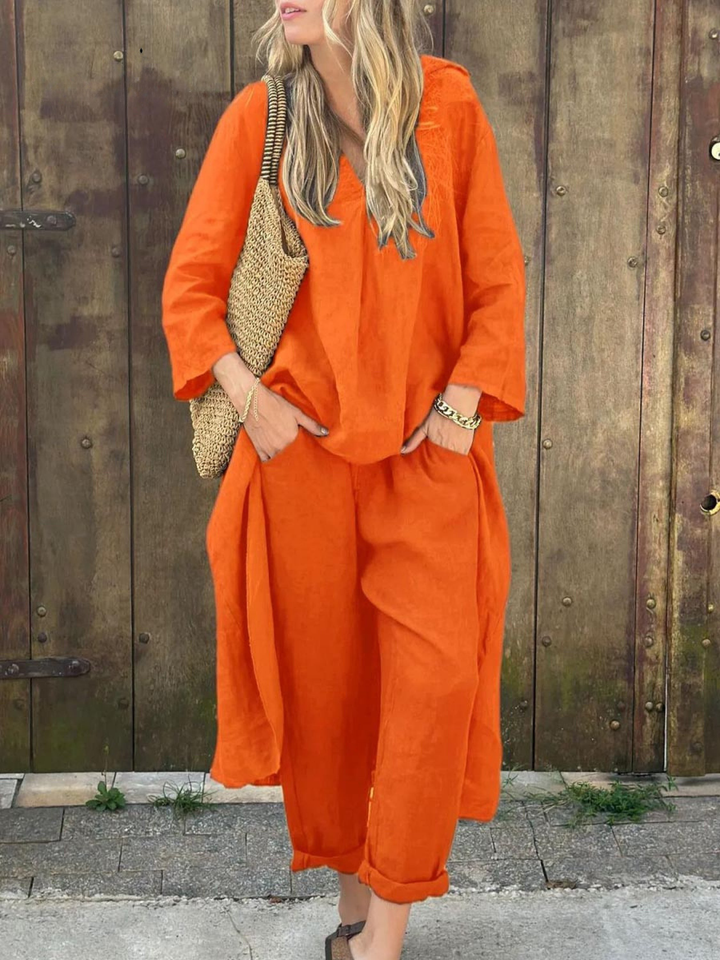 Set din In cu Top Lejer cu Decolteu V Neregulat și Pantaloni Largi cu Buzunare și Talie Înaltă