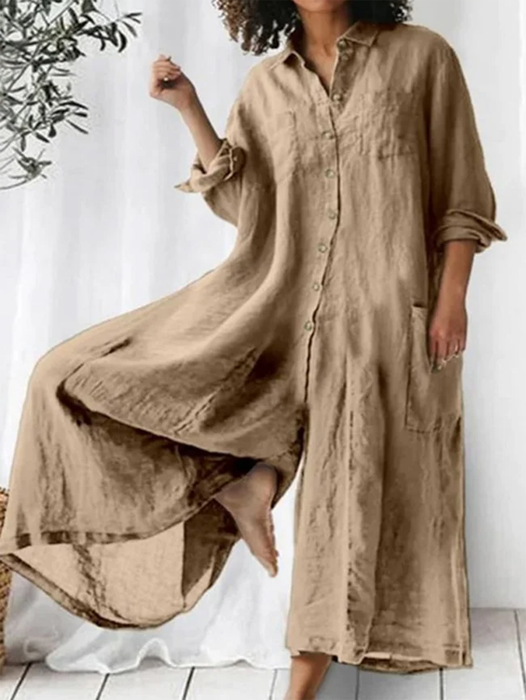 Salopetă Casual cu Rever, Un Rând de Nasturi și Pantaloni Largi