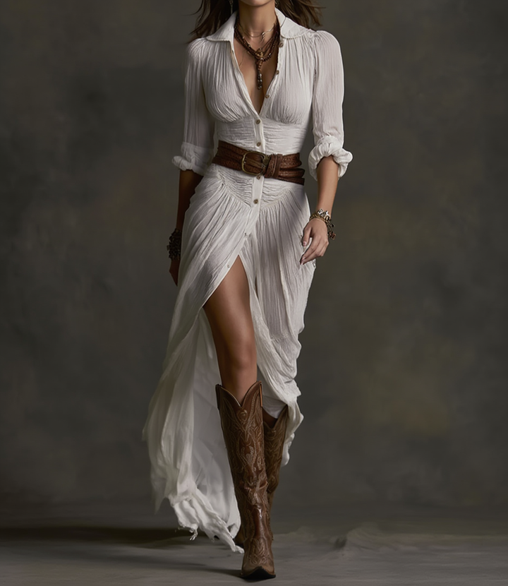 Aurora | Rochie Lungă din In cu Guler Inversat