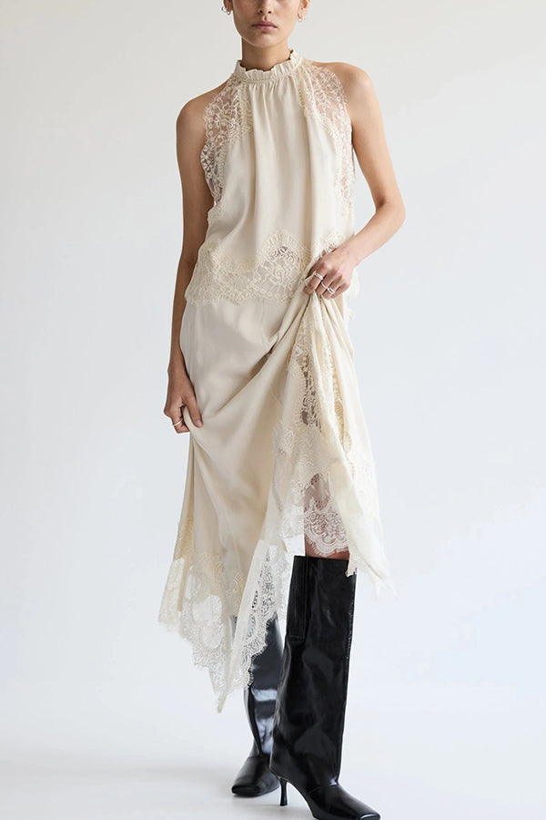 Set cu Top cu Guler Plisai din Dantelă și Fustă cu Crestătură Neregulată