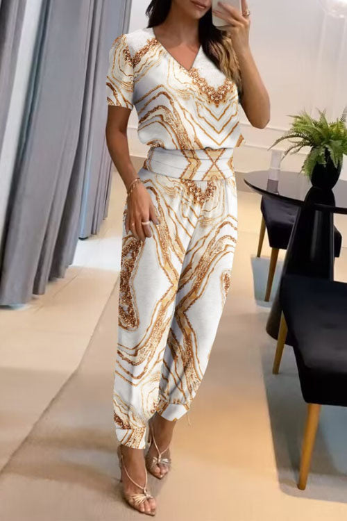 Set Casual în Două Piese cu Top cu Decolteu V, Mâneci Scurte Imprimate și Pantaloni Lungi