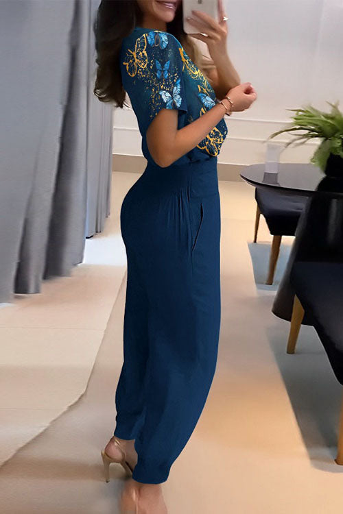 Set Casual în Două Piese cu Top cu Decolteu V, Mâneci Scurte Imprimate și Pantaloni Lungi