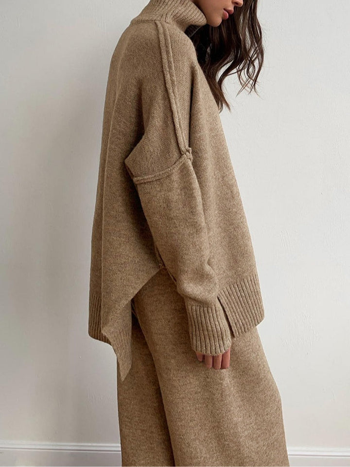 Set Casual cu Pulover Gros Tricotat cu Guler Înalt