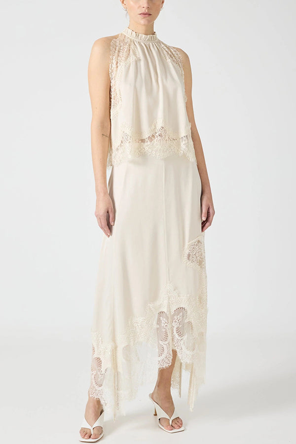 Set cu Top cu Guler Plisai din Dantelă și Fustă cu Crestătură Neregulată