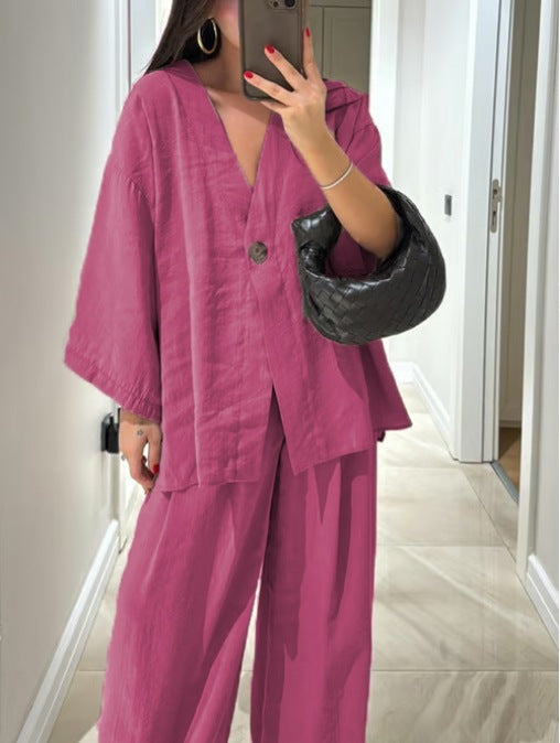 Set Casual în Două Piese cu Top cu Decolteu V și Pantaloni