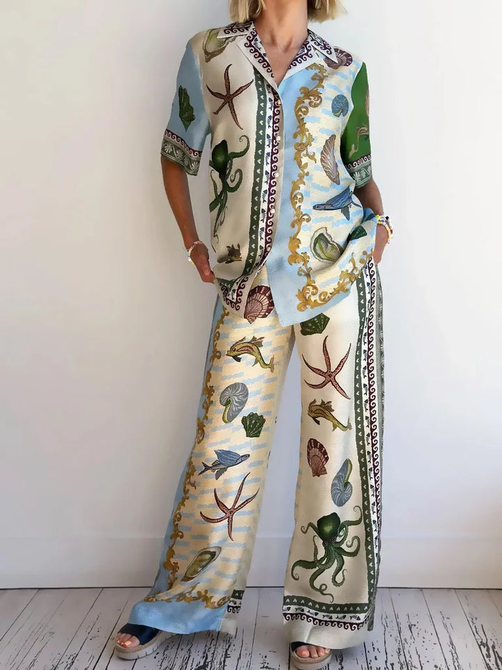 Set cu Cămașă Lejeră și Pantaloni cu Imprimeu Floral Adâncuri Marine