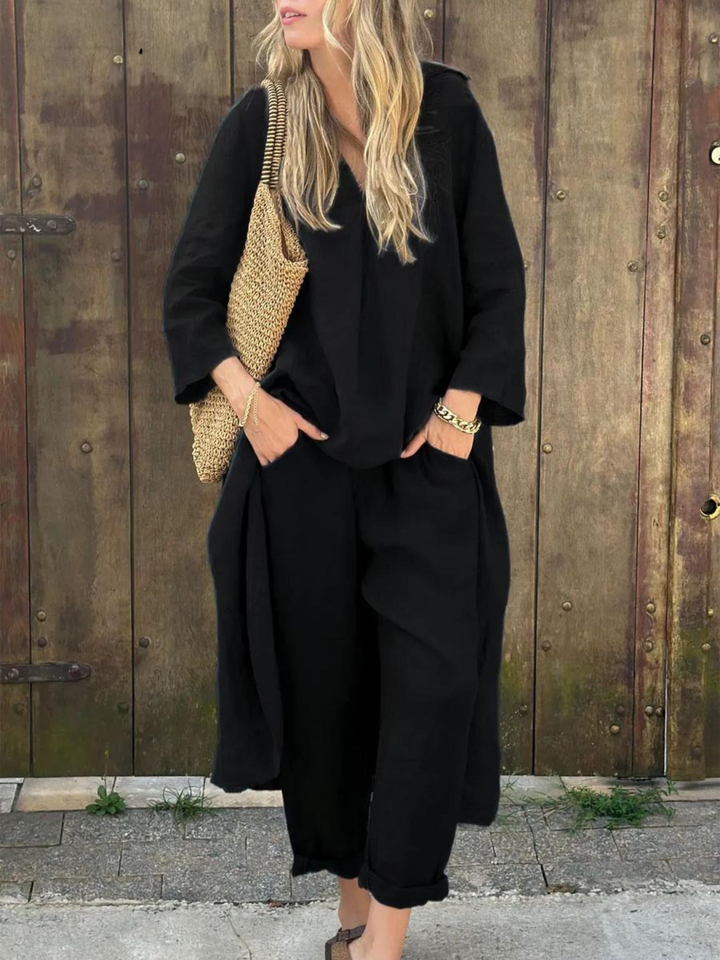 Set din In cu Top Lejer cu Decolteu V Neregulat și Pantaloni Largi cu Buzunare și Talie Înaltă