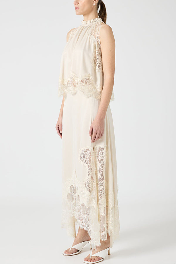 Set cu Top cu Guler Plisai din Dantelă și Fustă cu Crestătură Neregulată