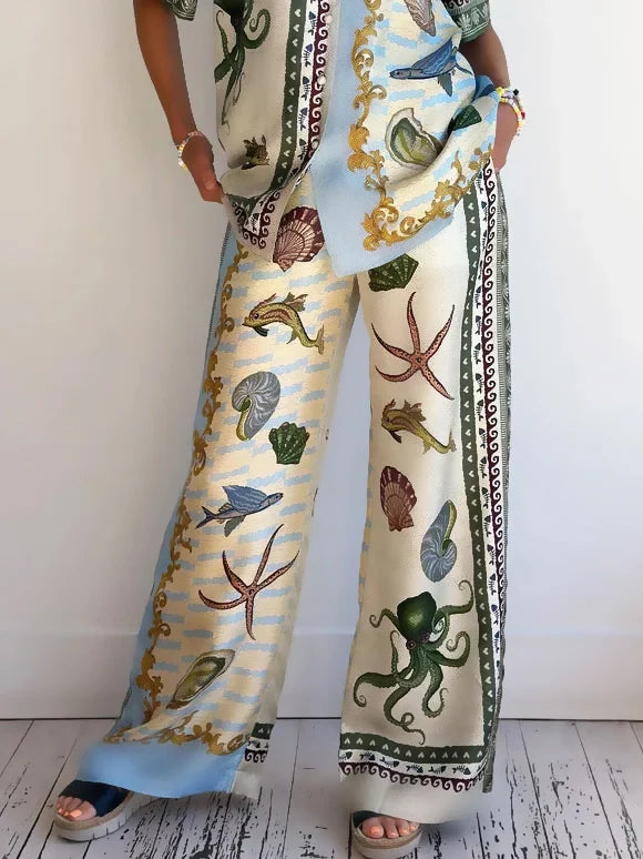 Set cu Cămașă Lejeră și Pantaloni cu Imprimeu Floral Adâncuri Marine