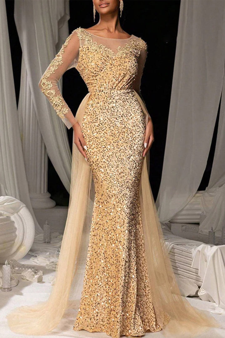 Rochie maxi sirenă de seară maro închis cu paiete, dantelă și suprafustă din tulle