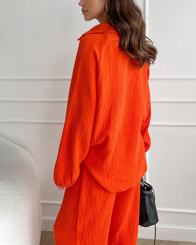 Set Casual de Toamnă Simplu în Două Piese cu Decolteu V